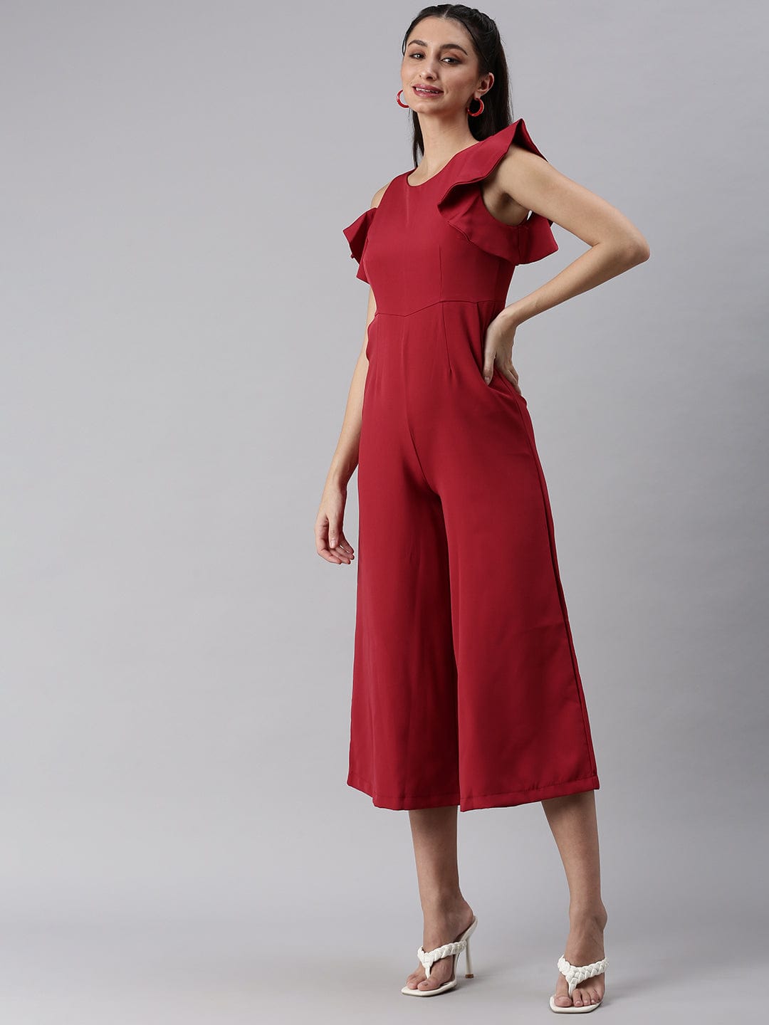 Women's Red Round Neck Solid Basic Jumpsuit