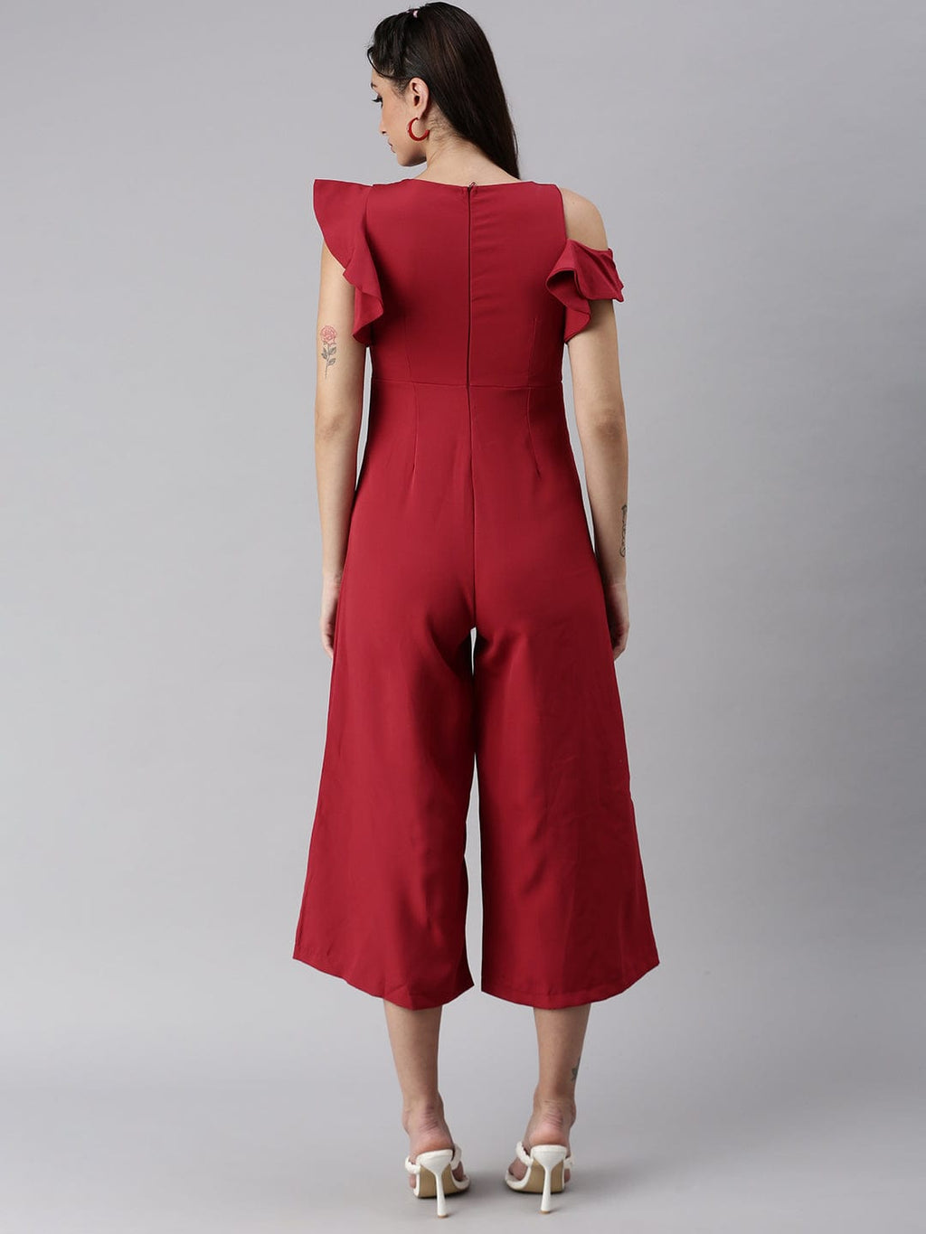 Women's Red Round Neck Solid Basic Jumpsuit