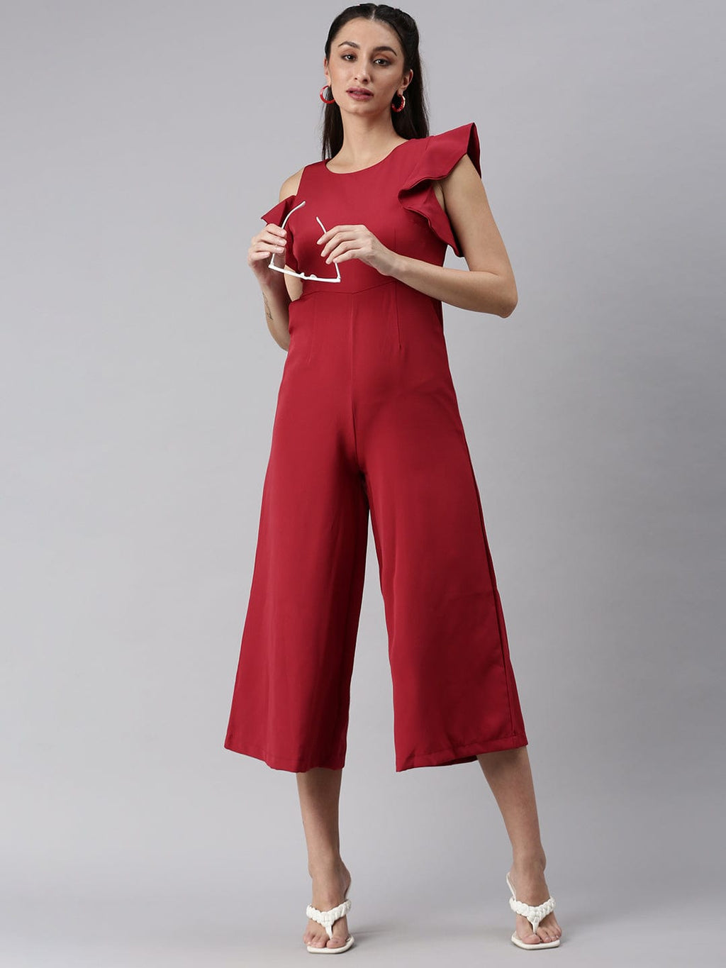 Women's Red Round Neck Solid Basic Jumpsuit
