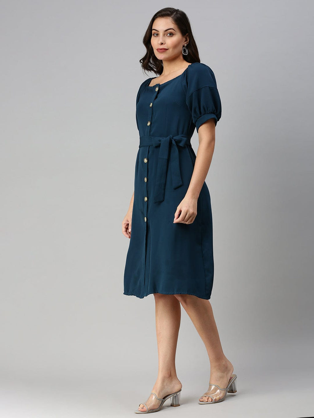 Women's Off-Shoulder Solid A-Line Teal Dress