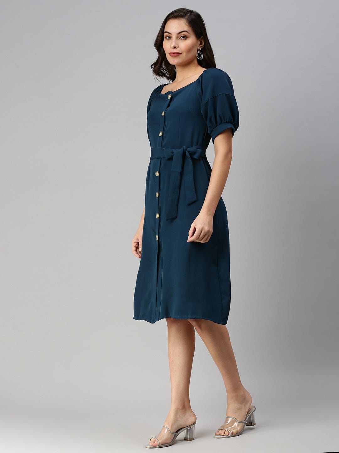 Women's Off-Shoulder Solid A-Line Teal Dress