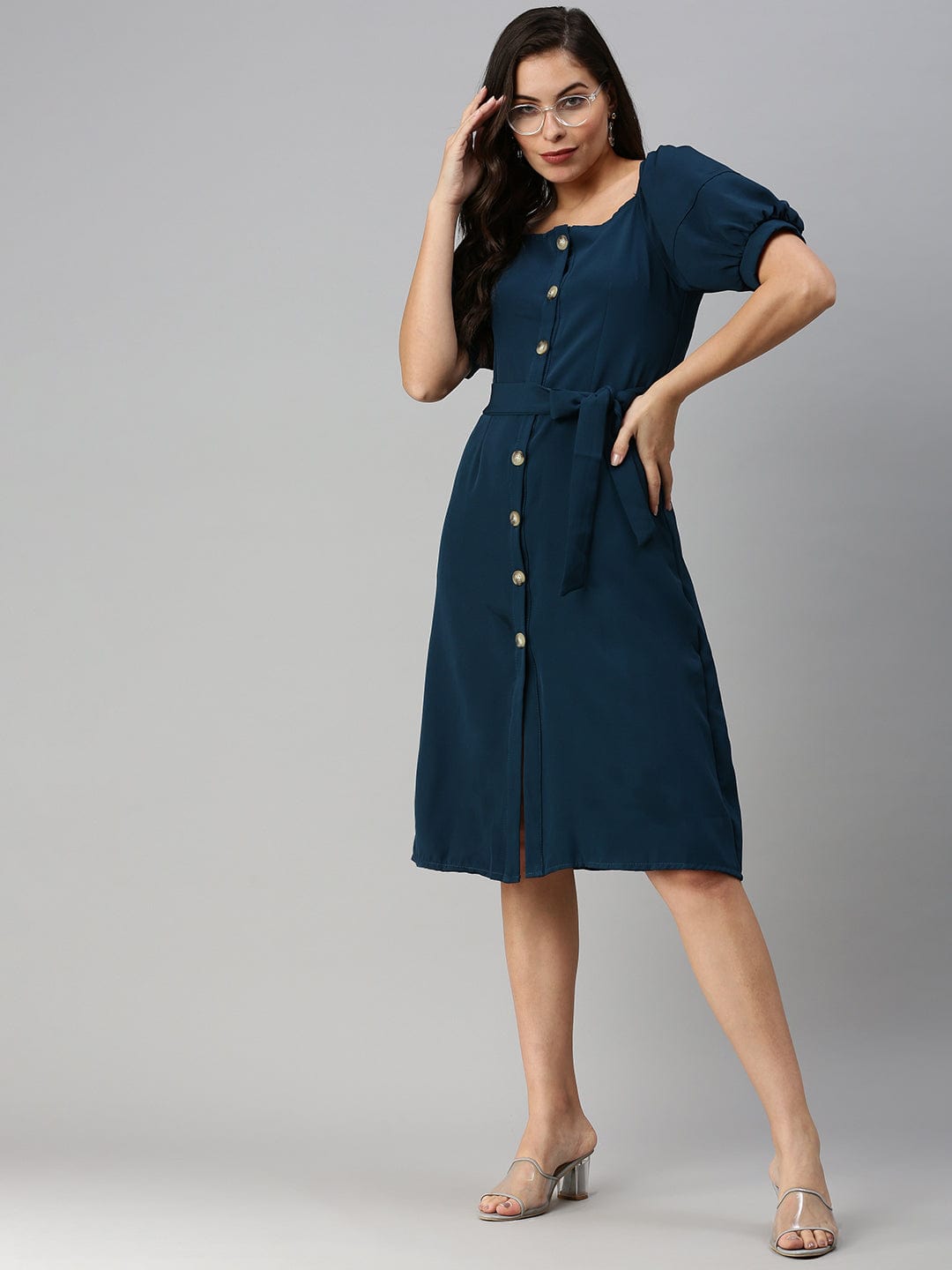 Women's Off-Shoulder Solid A-Line Teal Dress