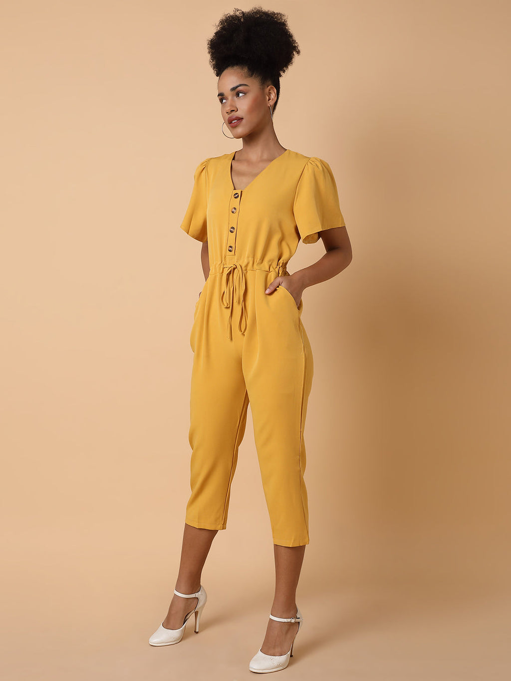 Women's Yellow Solid Polyester Basic Jumpsuit