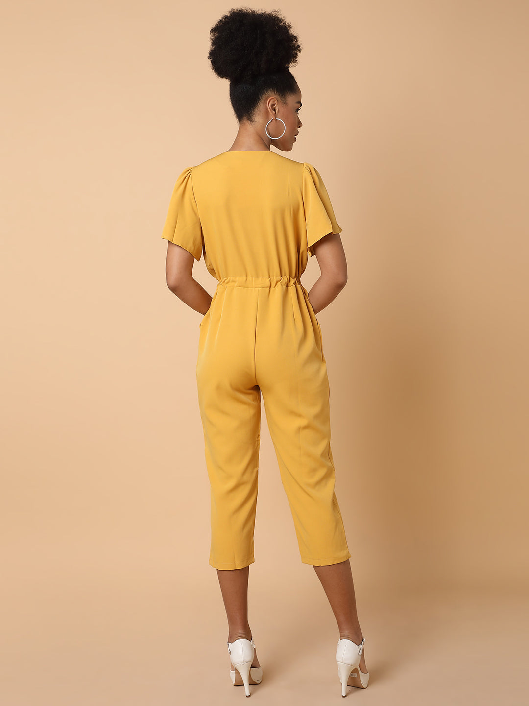 Women's Yellow Solid Polyester Basic Jumpsuit