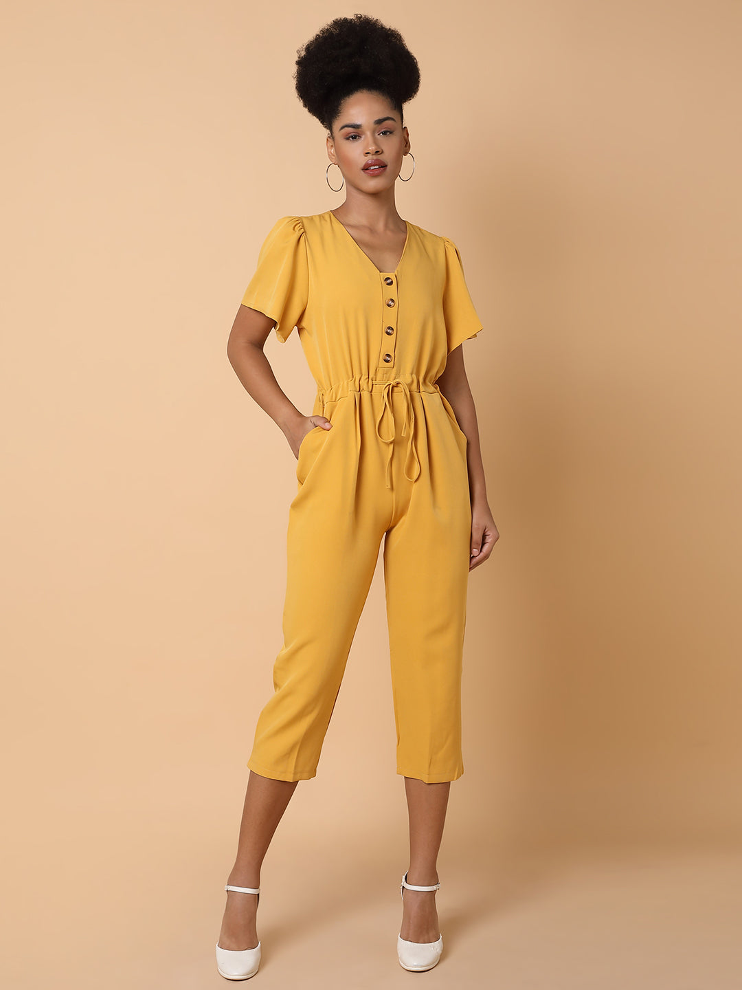 Women's Yellow Solid Polyester Basic Jumpsuit