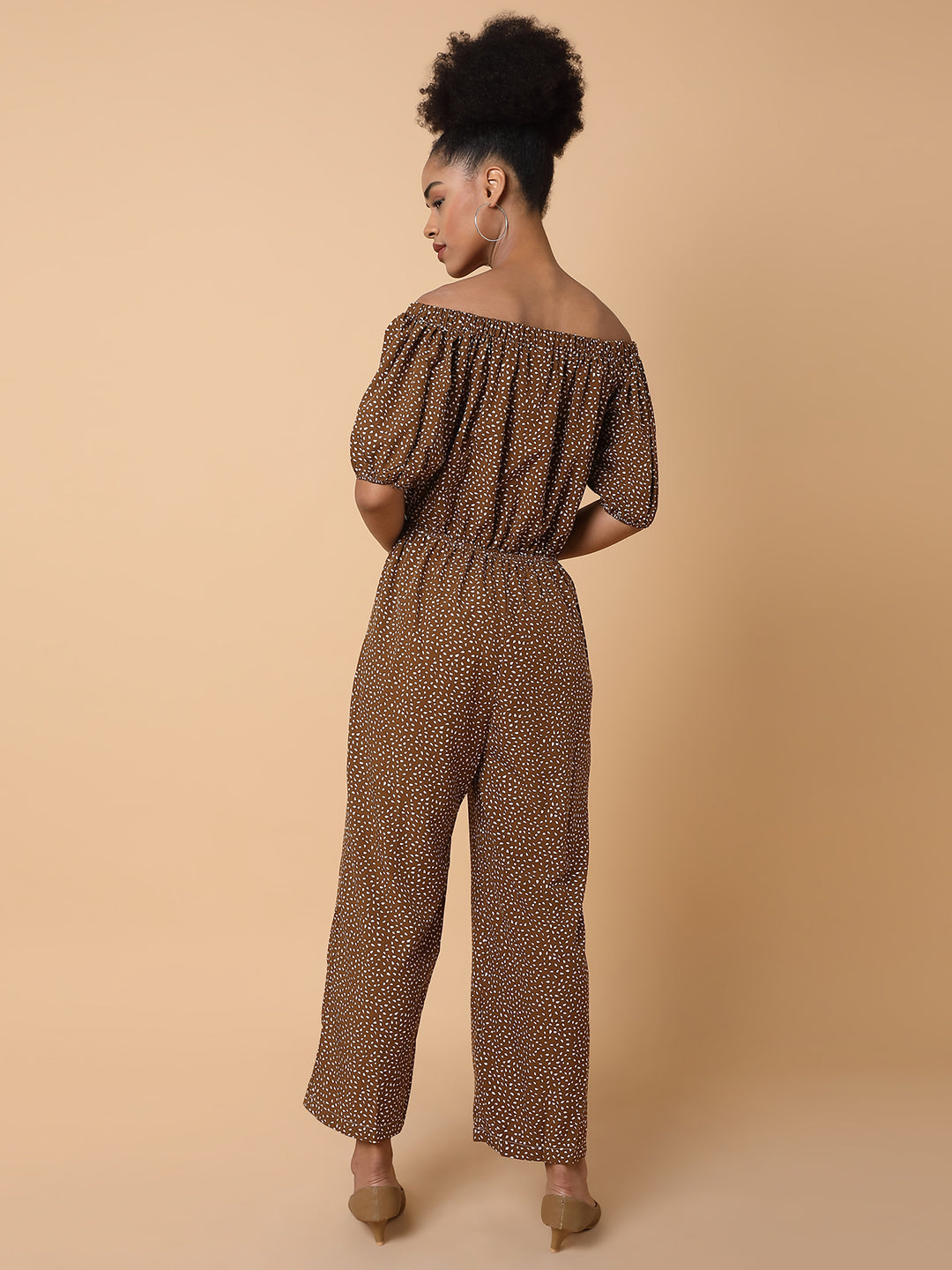 Women's Brown Off-Shoulder Printed Basic Jumpsuit