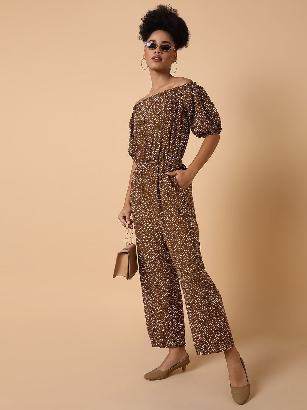 Women's Brown Off-Shoulder Printed Basic Jumpsuit