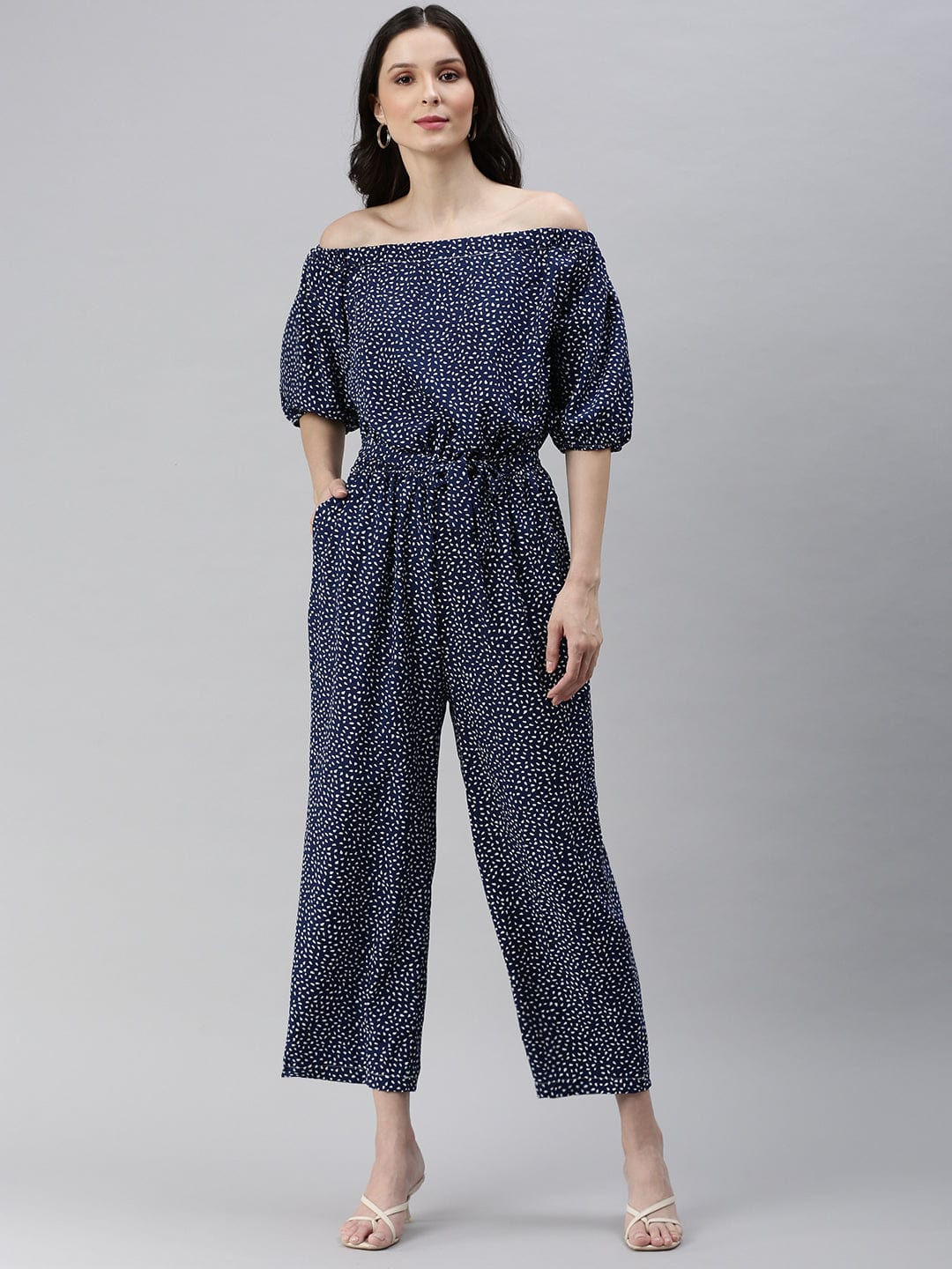 Women's Navy Blue Off-Shoulder Printed Basic Jumpsuit