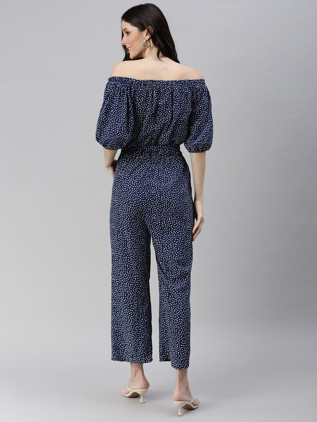 Women's Navy Blue Off-Shoulder Printed Basic Jumpsuit