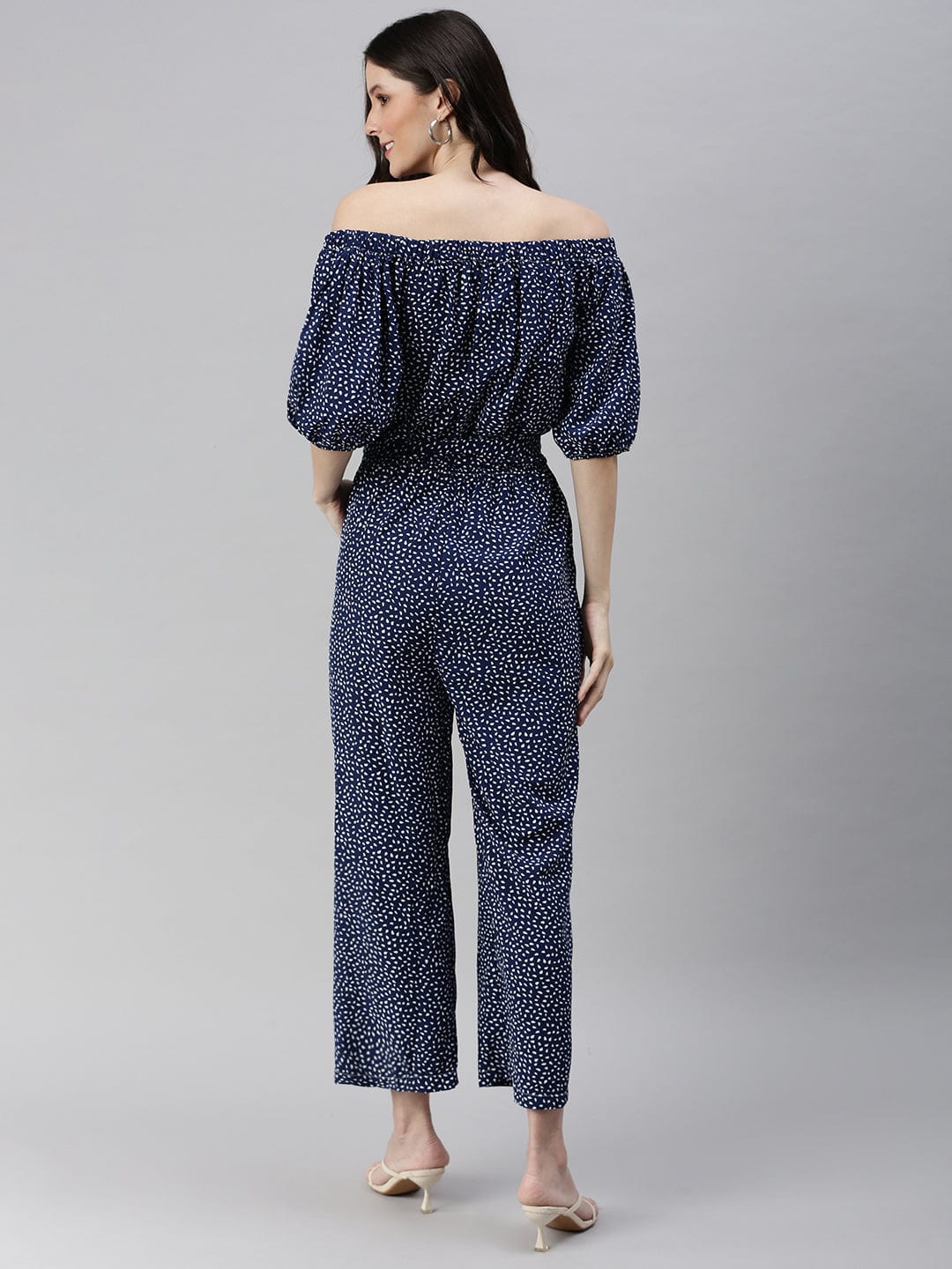 Women's Navy Blue Off-Shoulder Printed Basic Jumpsuit