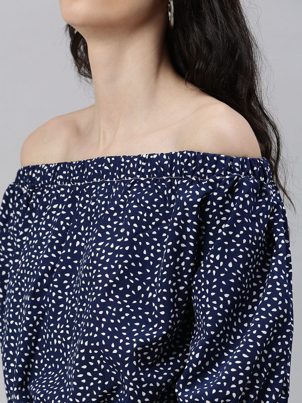 Women's Navy Blue Off-Shoulder Printed Basic Jumpsuit