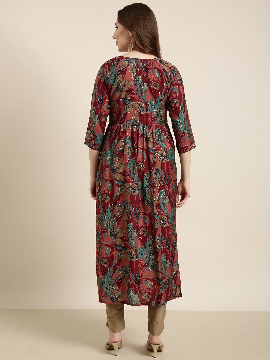 Women's Anarkali Maroon Floral Kurta