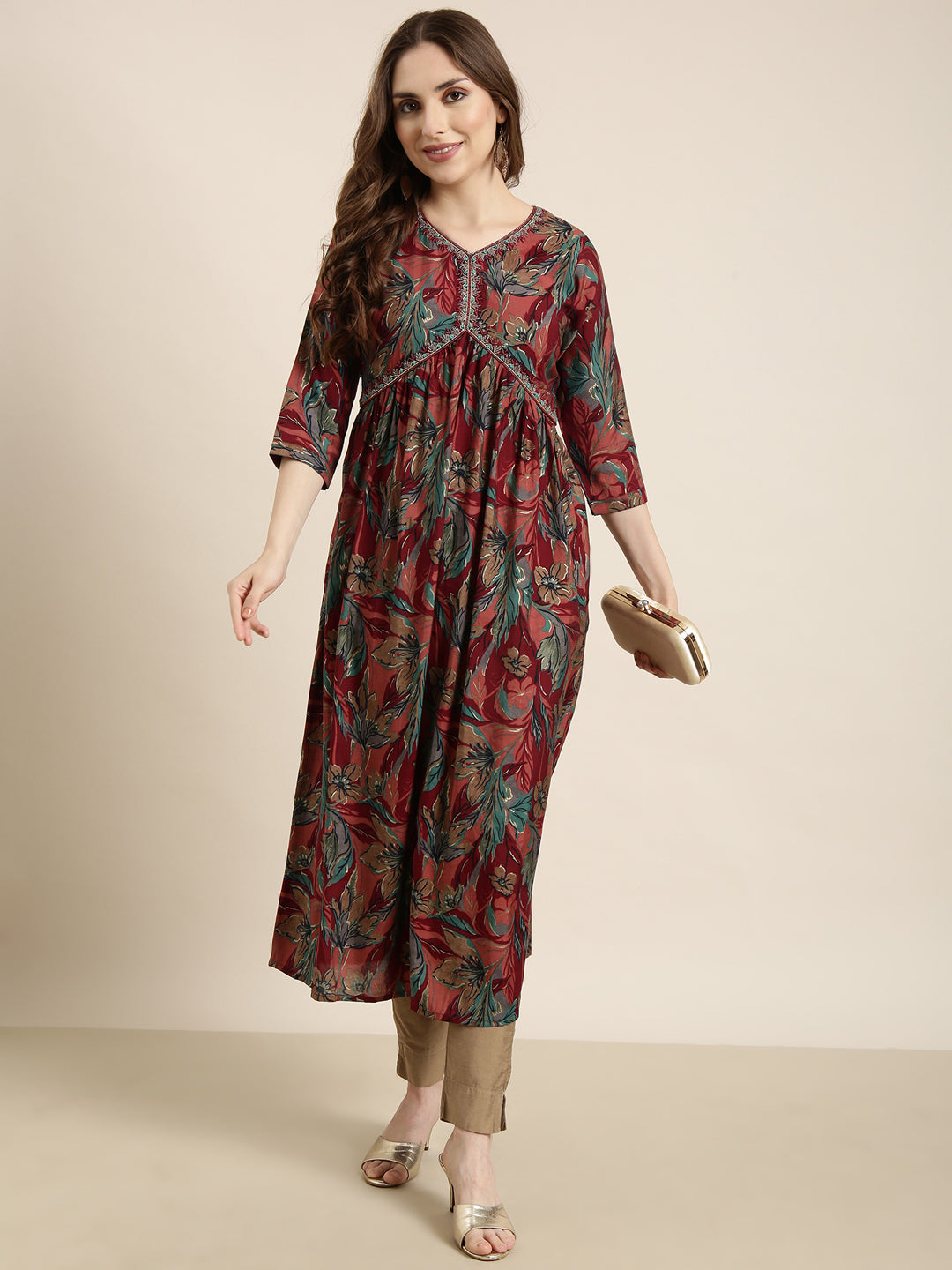 Women's Anarkali Maroon Floral Kurta
