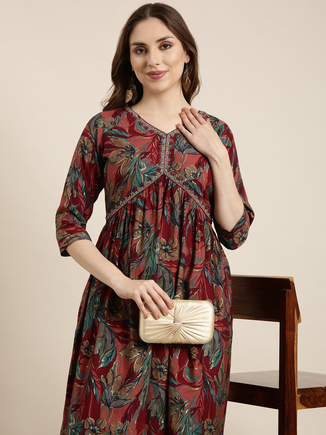 Women's Anarkali Maroon Floral Kurta