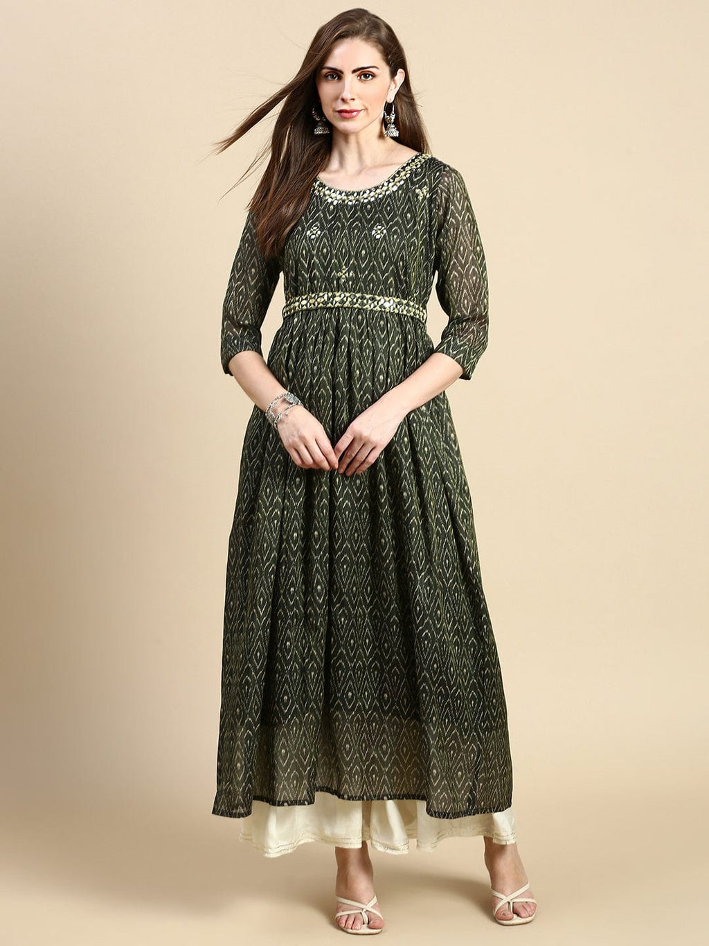 Women's Abstract Green Anarkali Kurta with Belt