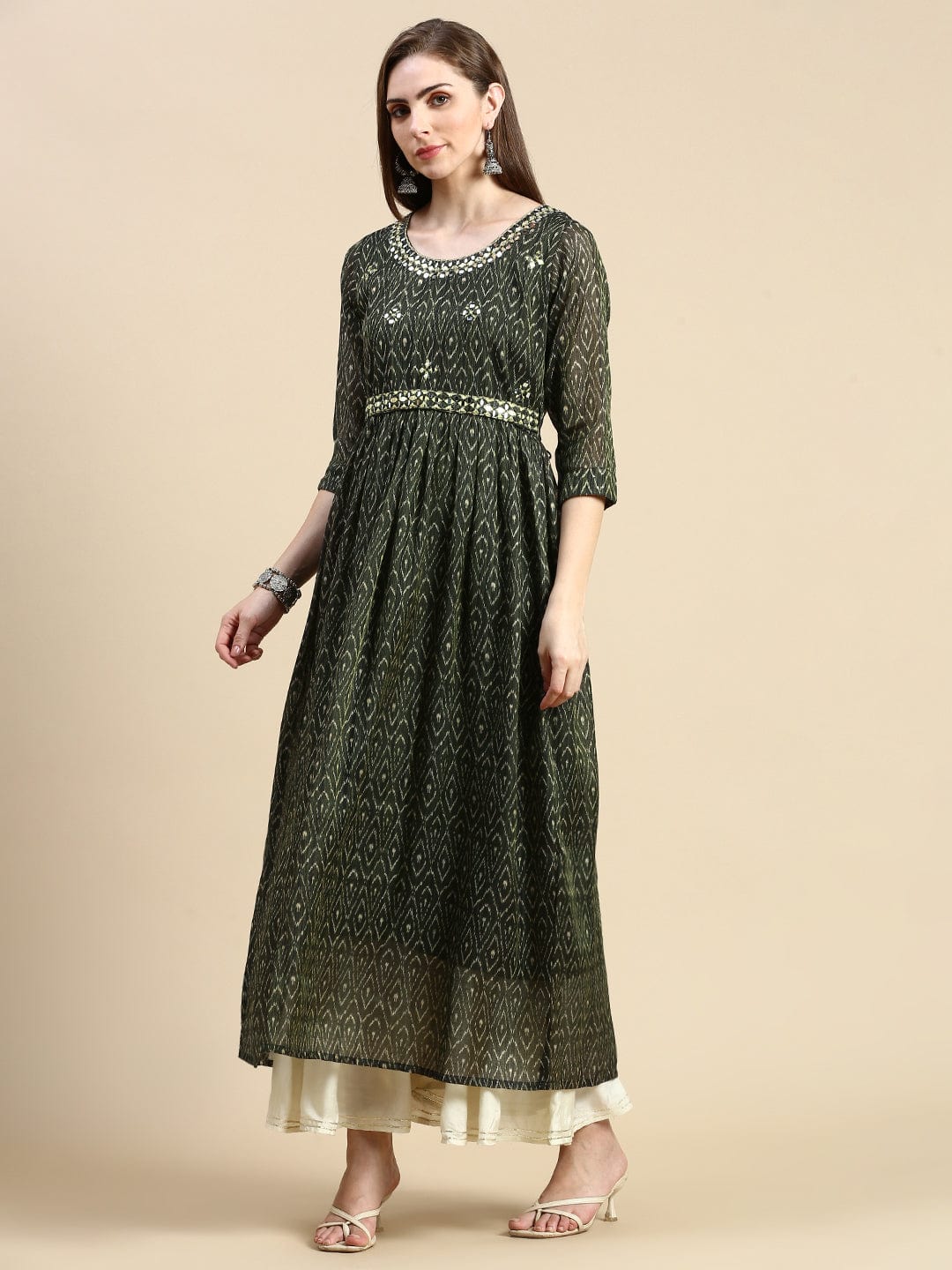 Women's Abstract Green Anarkali Kurta with Belt