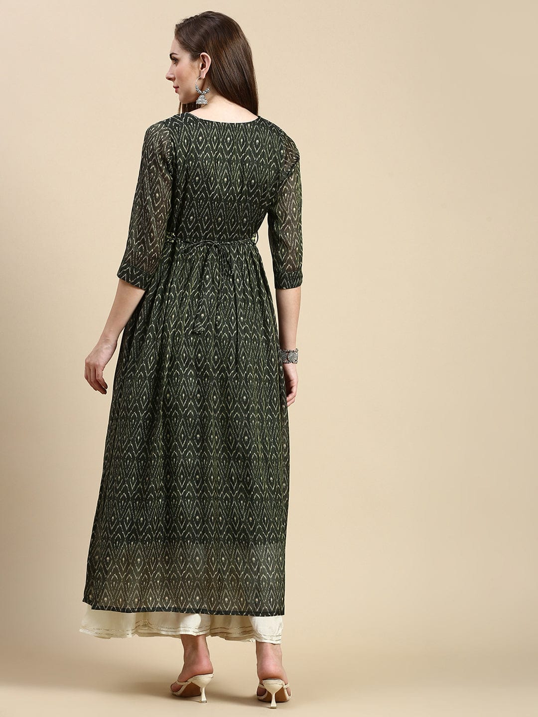 Women's Abstract Green Anarkali Kurta with Belt
