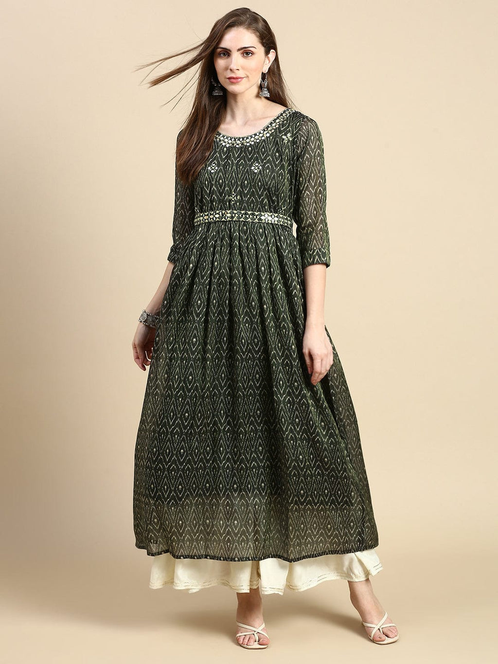 Women's Abstract Green Anarkali Kurta with Belt