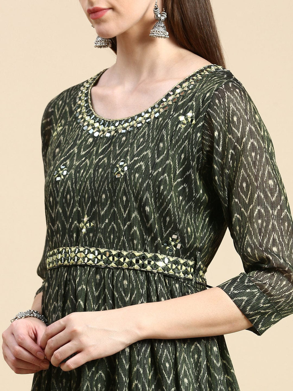 Women's Abstract Green Anarkali Kurta with Belt