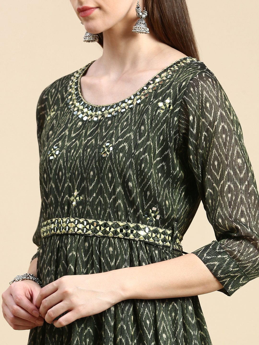 Women's Abstract Green Anarkali Kurta with Belt