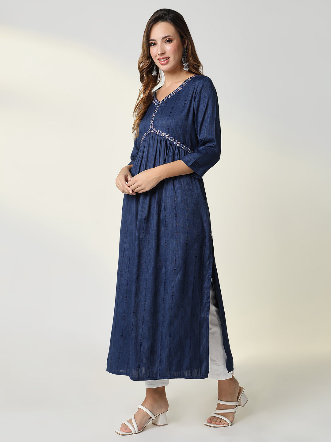 Women's Navy Blue Solid Anarkali Kurta