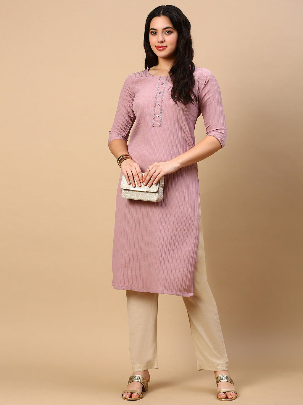 Women's Mauve Solid Straight Kurta