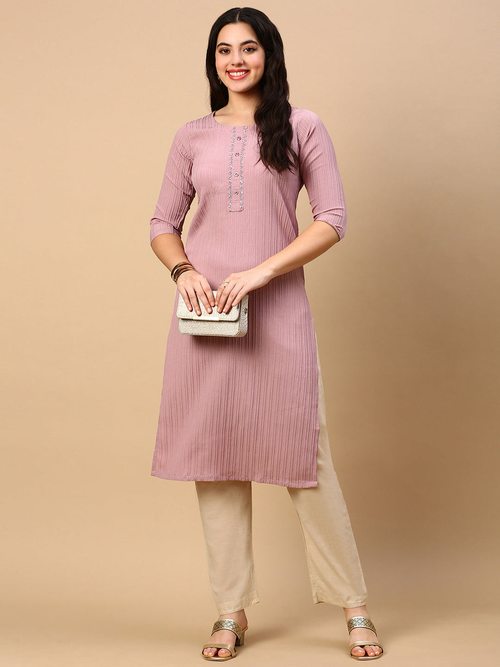 Women's Mauve Solid Straight Kurta