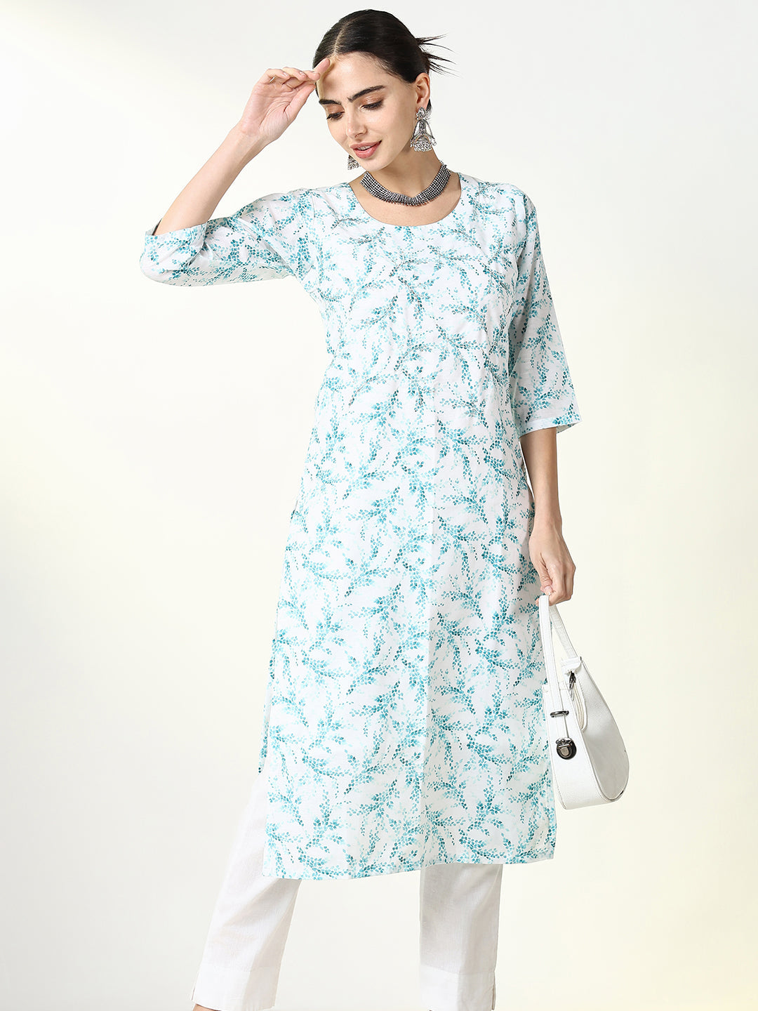Women's White Floral Straight Kurta