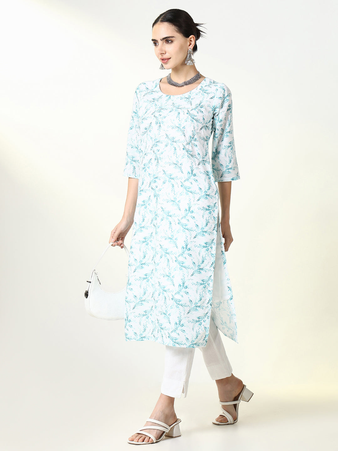 Women's White Floral Straight Kurta