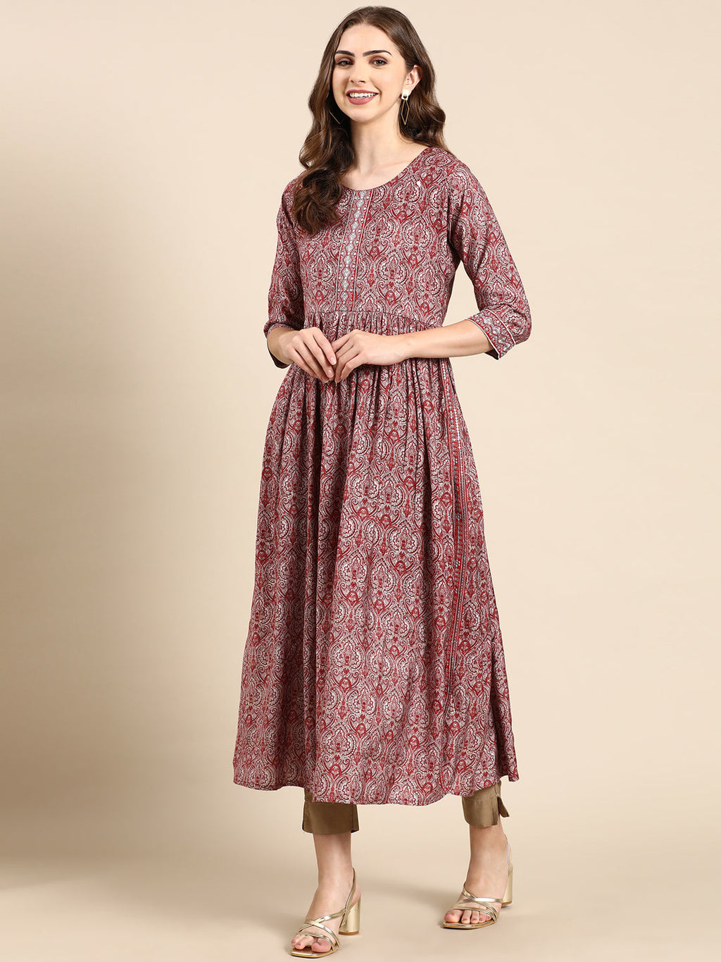 Women's Maroon Ethnic Motifs Printed Thread Work Anarkali Kurta