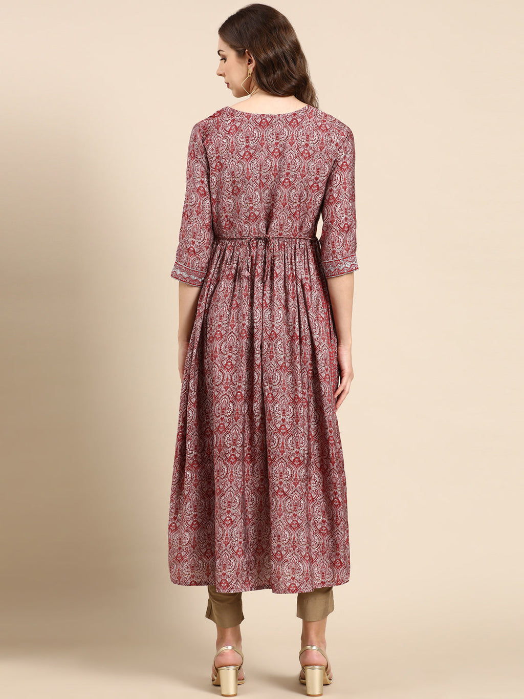 Women's Maroon Ethnic Motifs Printed Thread Work Anarkali Kurta