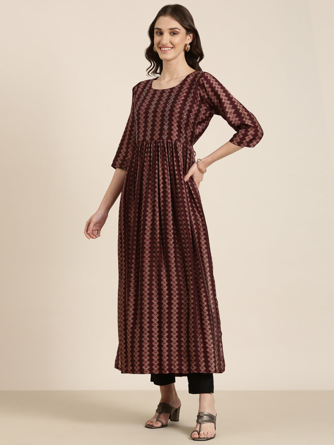 Women's Red Geometric Printed A-Line Kurta