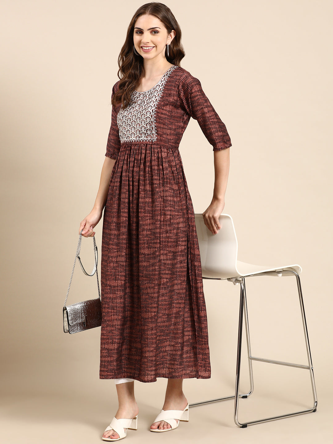 Women's Rust Abstract Printed Zari Anarkali Kurta