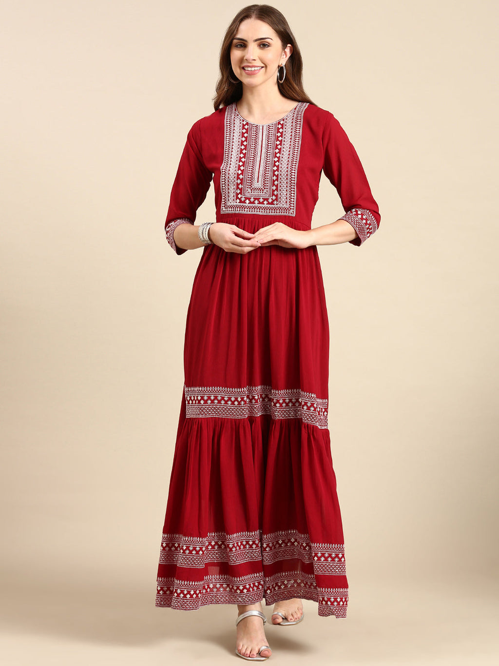 Women's Maroon Sequinned Anarkali Kurta