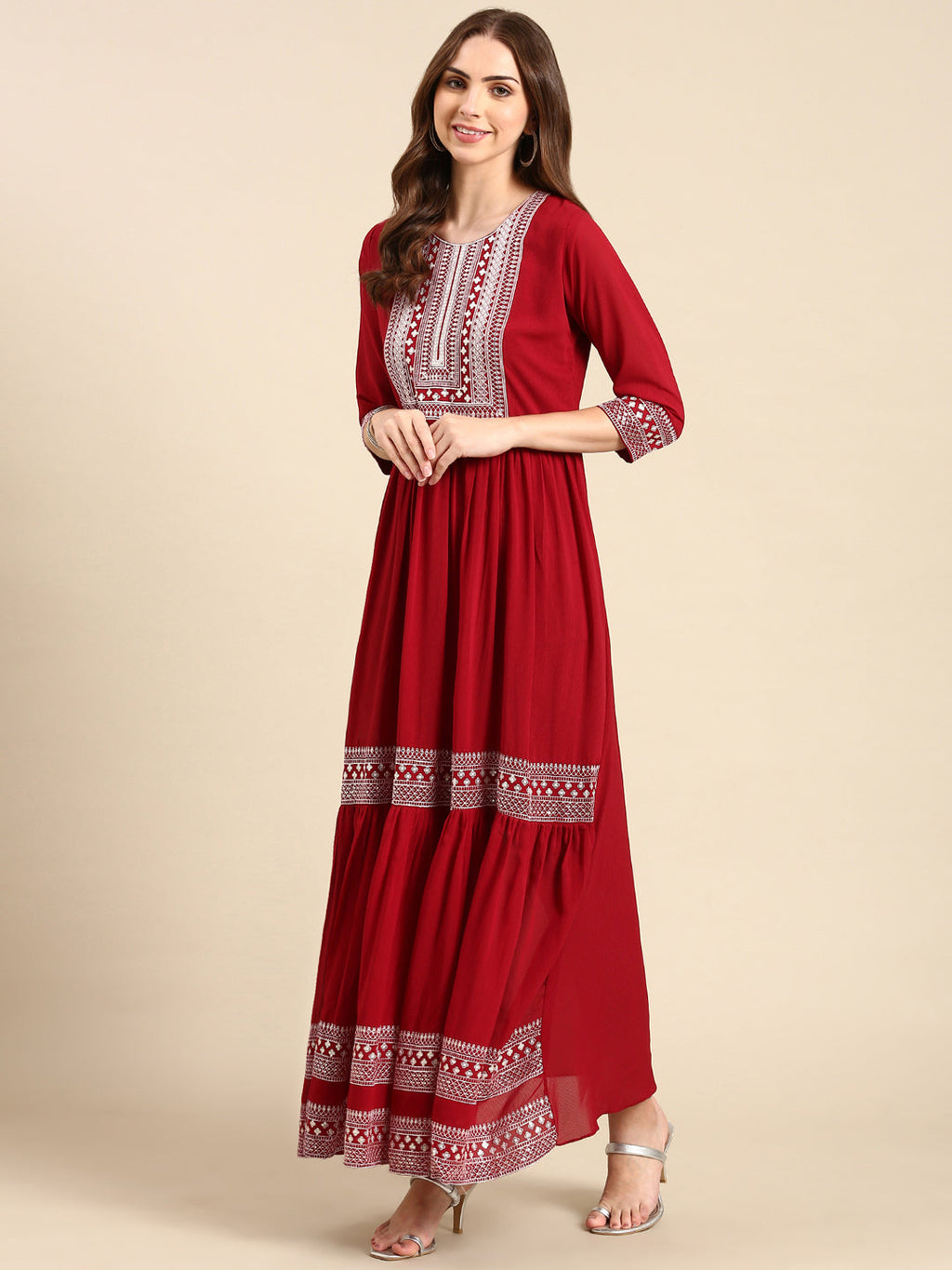 Women's Maroon Sequinned Anarkali Kurta