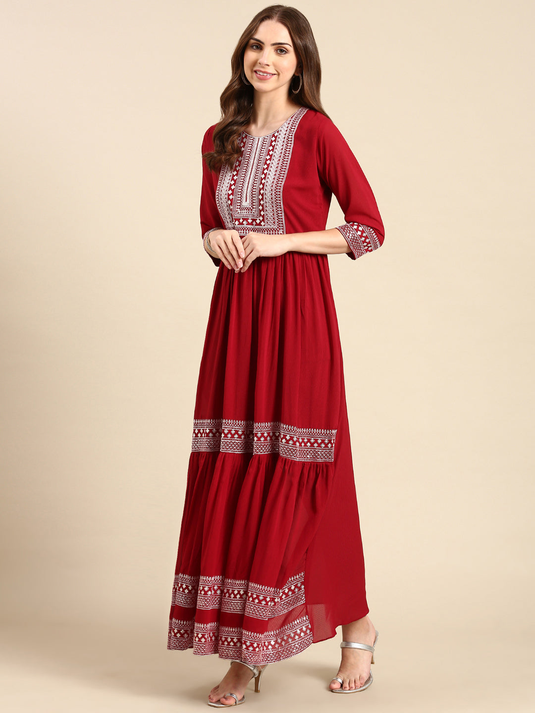 Women's Maroon Sequinned Anarkali Kurta