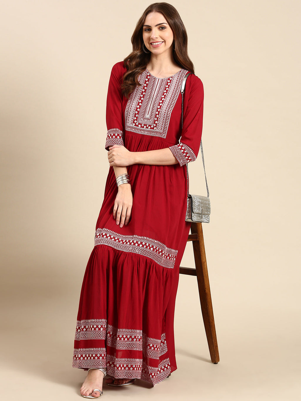Women's Maroon Sequinned Anarkali Kurta