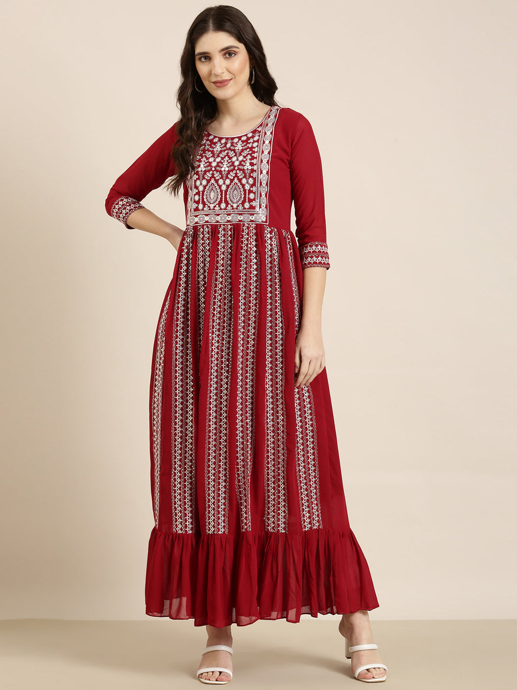 Women's Maroon Ethnic Motif Printed Anarkali Kurta