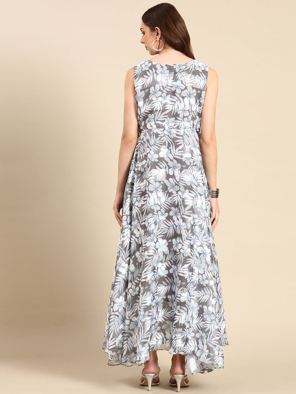 Women's Grey Floral Printed Chiffon Maxi Kurta