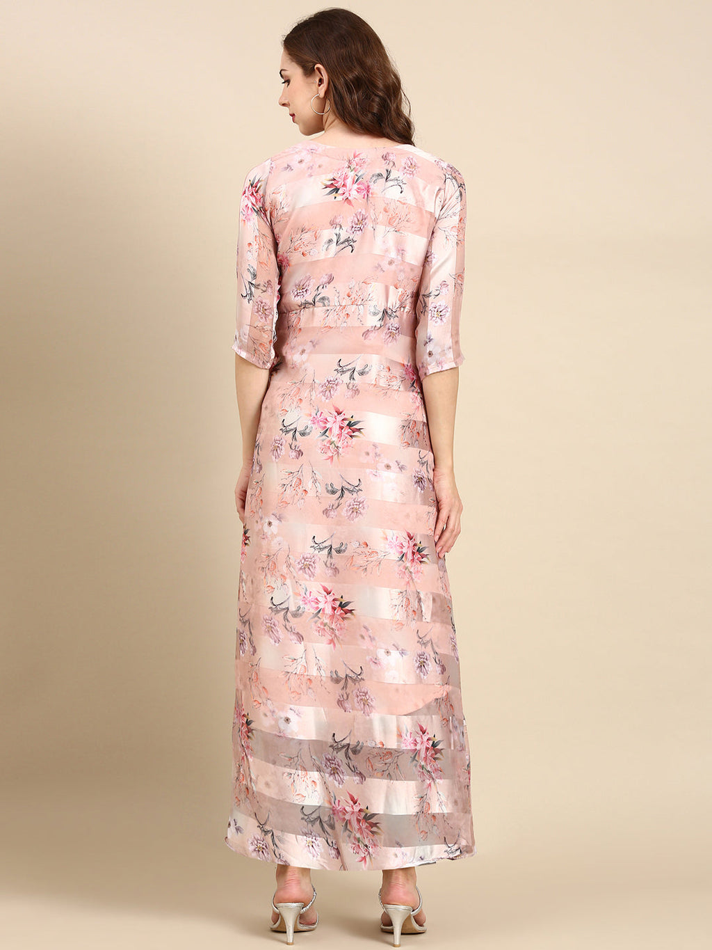 Women's Peach Floral Print Chiffon Maxi Kurta