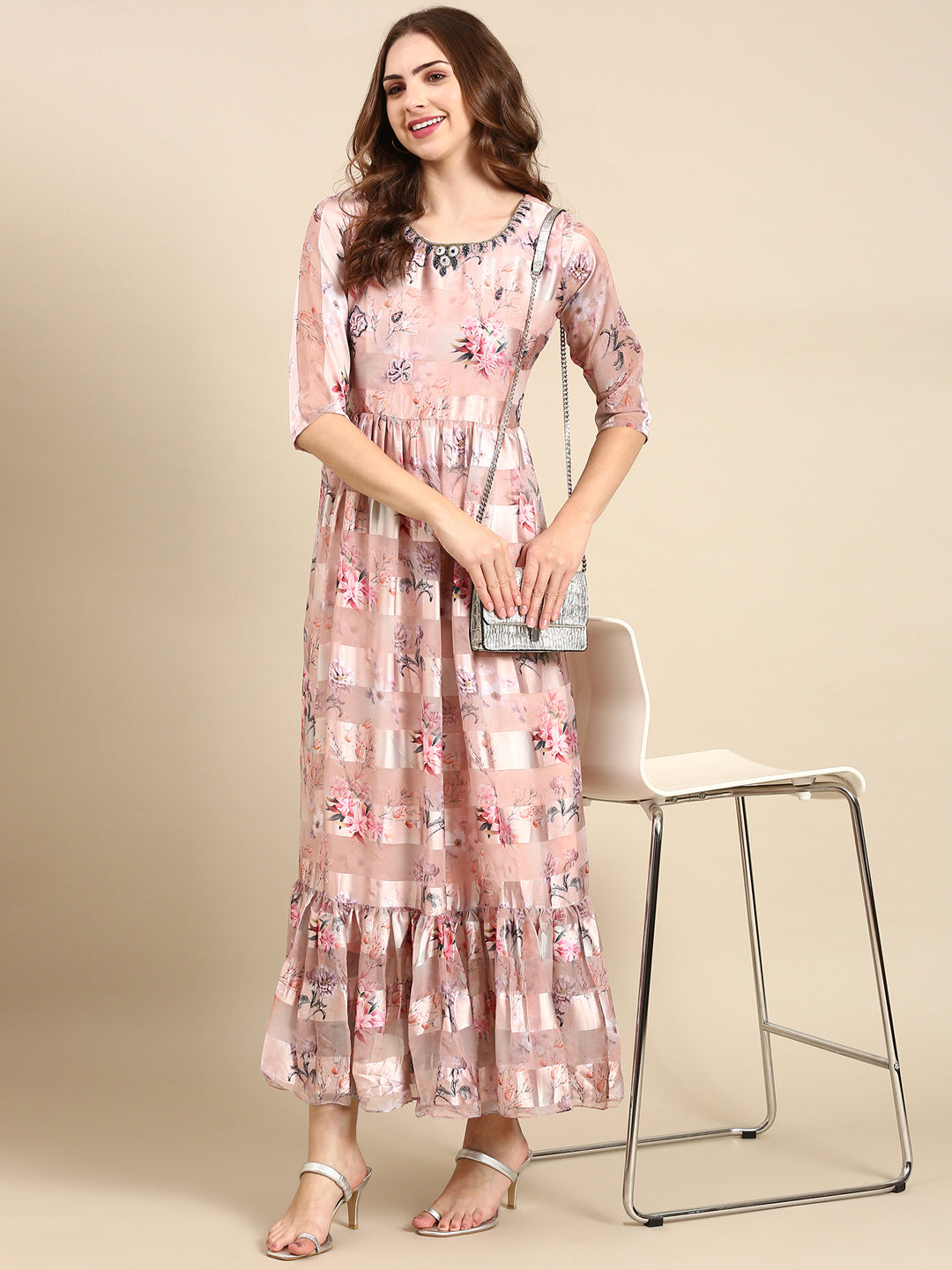 Women's Peach Floral Print Chiffon Maxi Kurta
