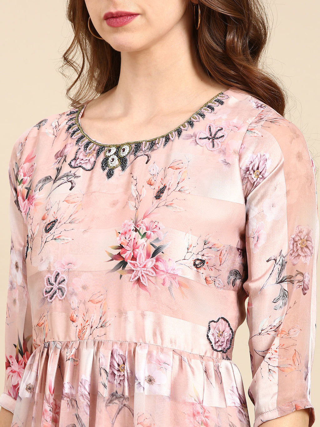 Women's Peach Floral Print Chiffon Maxi Kurta