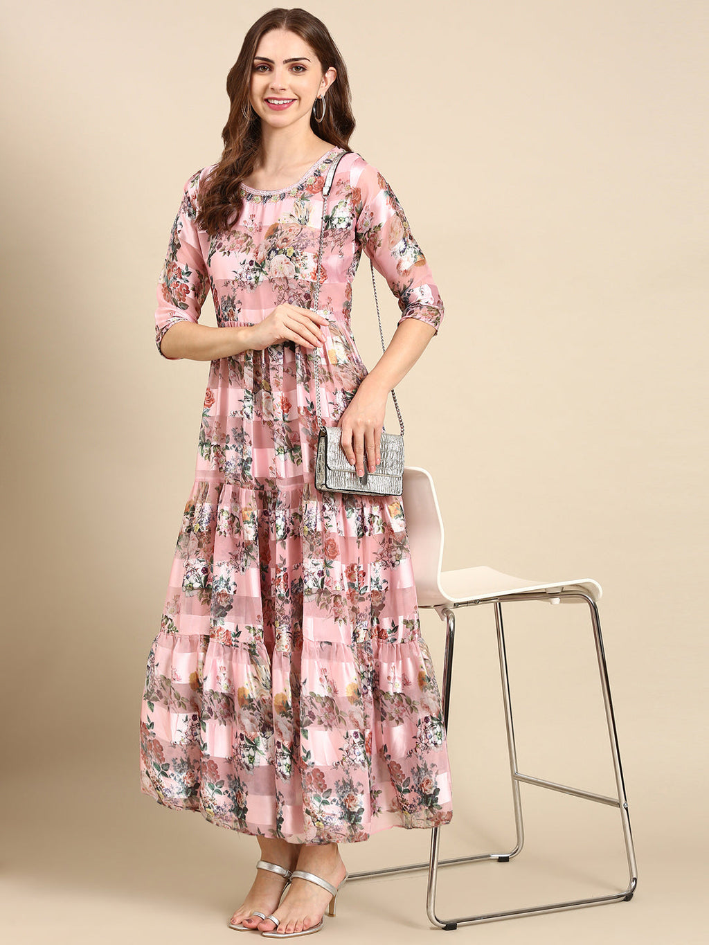 Women's Pink Floral Printed Chiffon Maxi Kurta