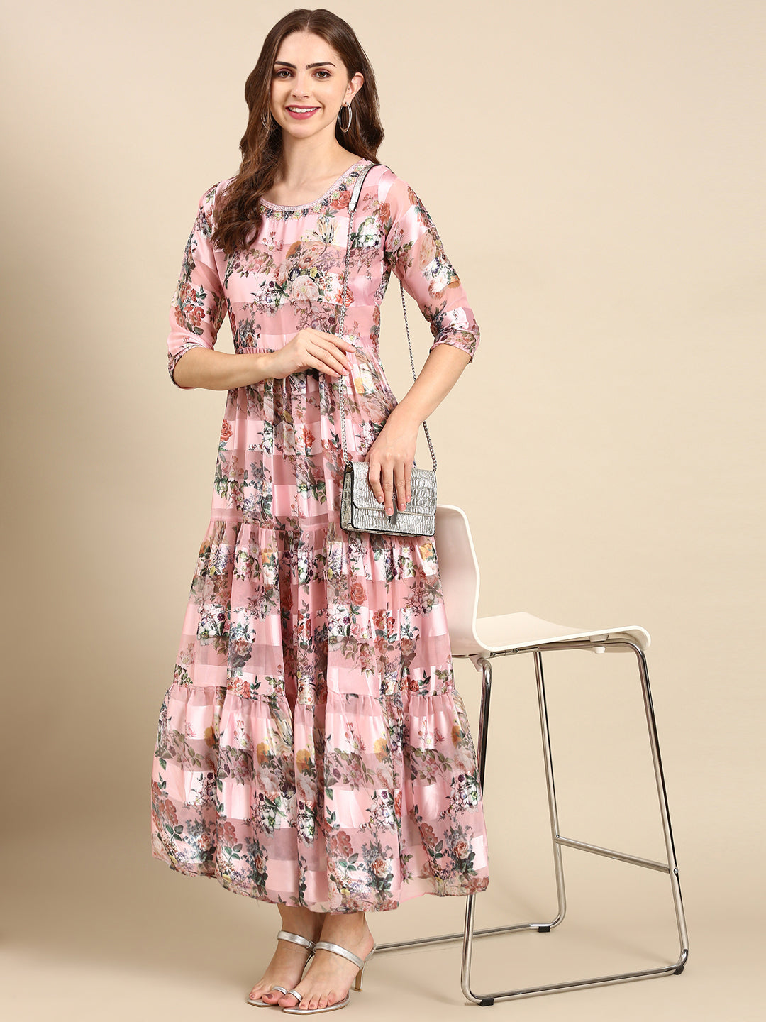 Women's Pink Floral Printed Chiffon Maxi Kurta