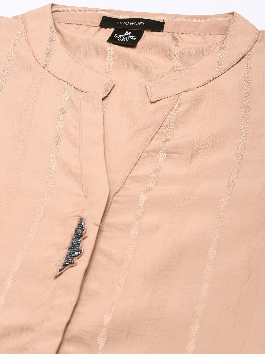 Women's Peach Striped Mandarin Collar Beads & Stones Straight Kurta