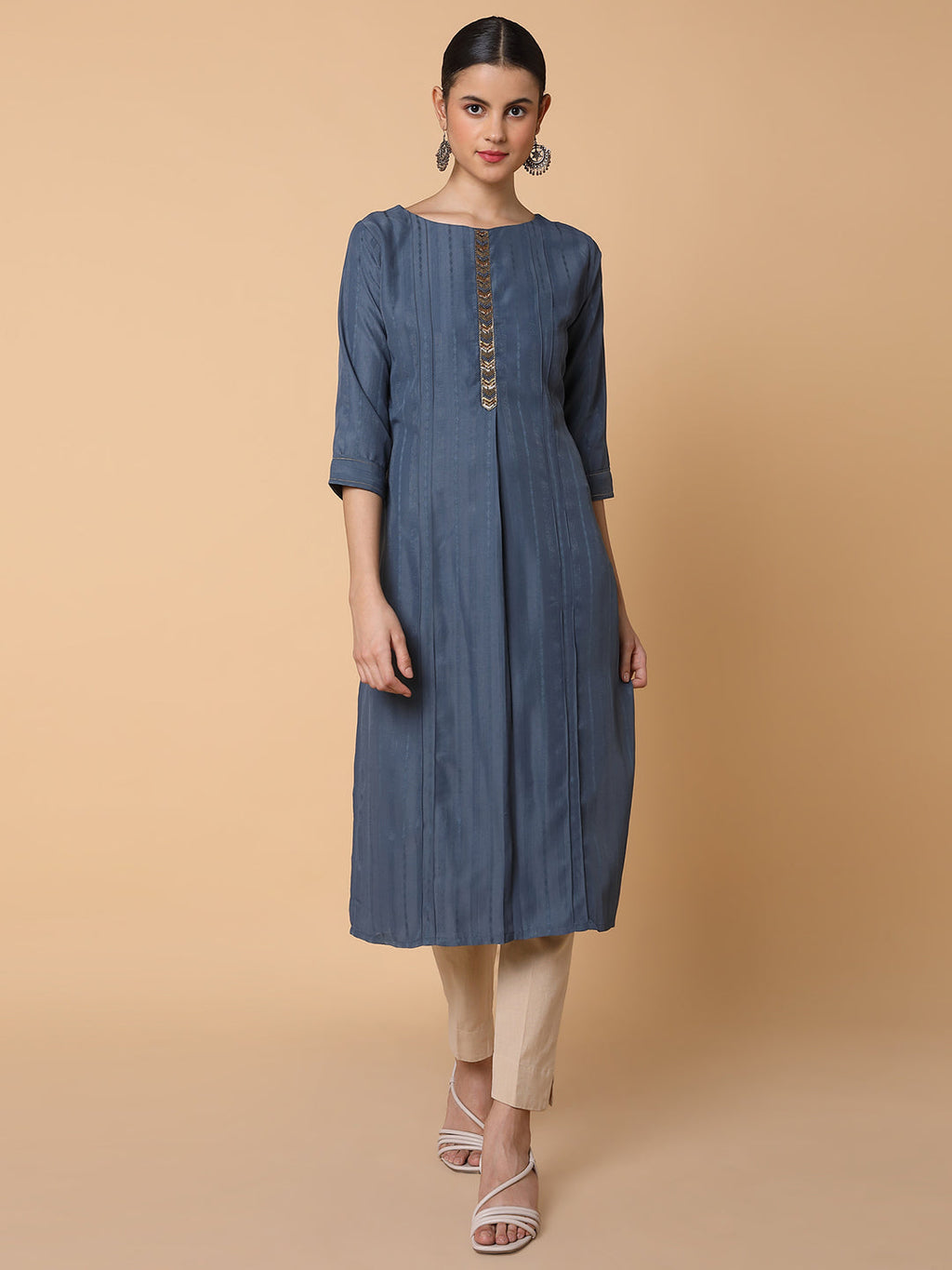 Women's Straight Grey Woven Design Kurta