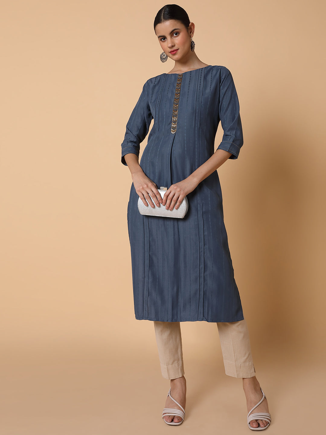 Women's Straight Grey Woven Design Kurta