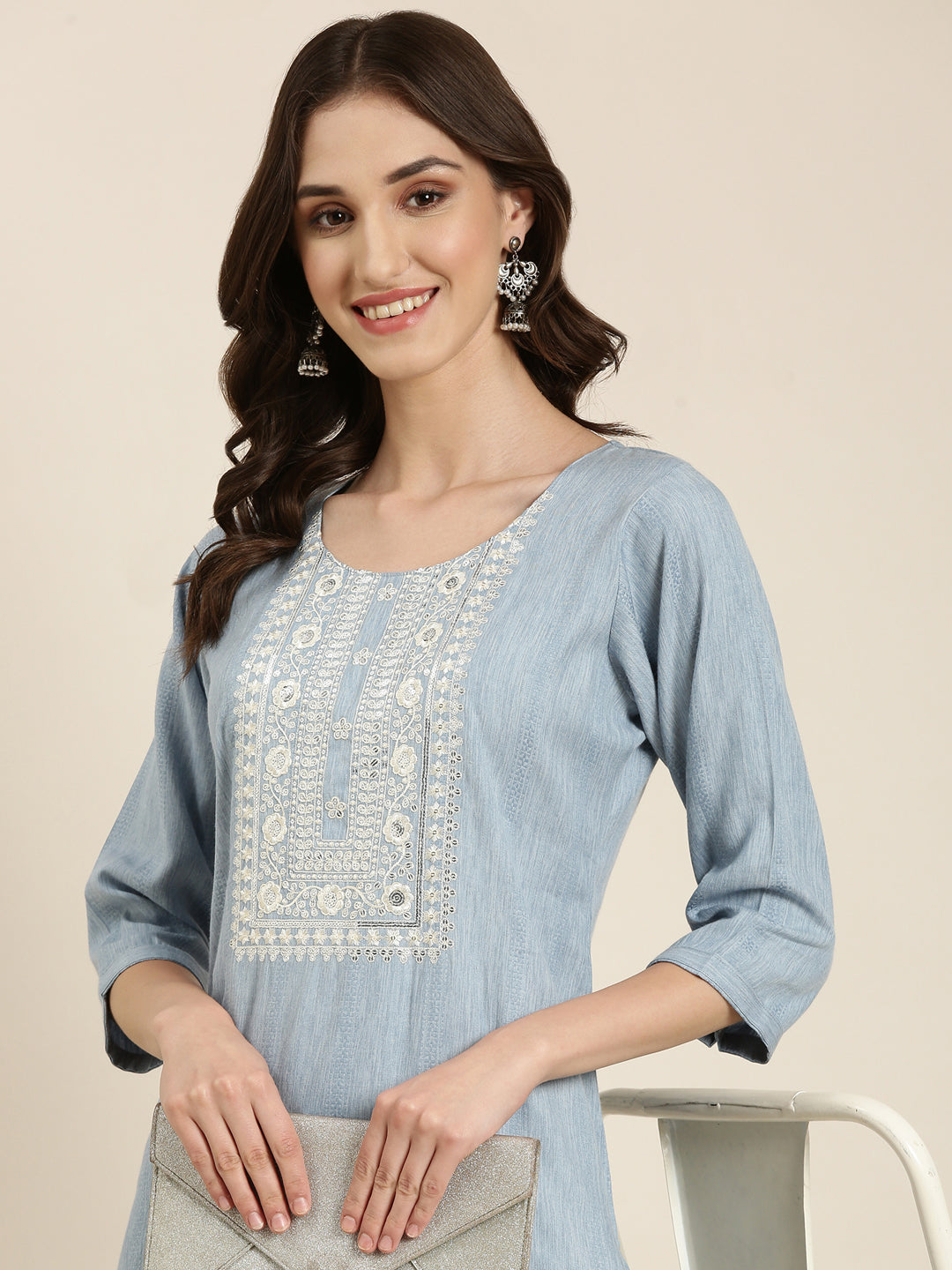 Women's Blue Yoke Design Thread Work Cotton Straight Kurta