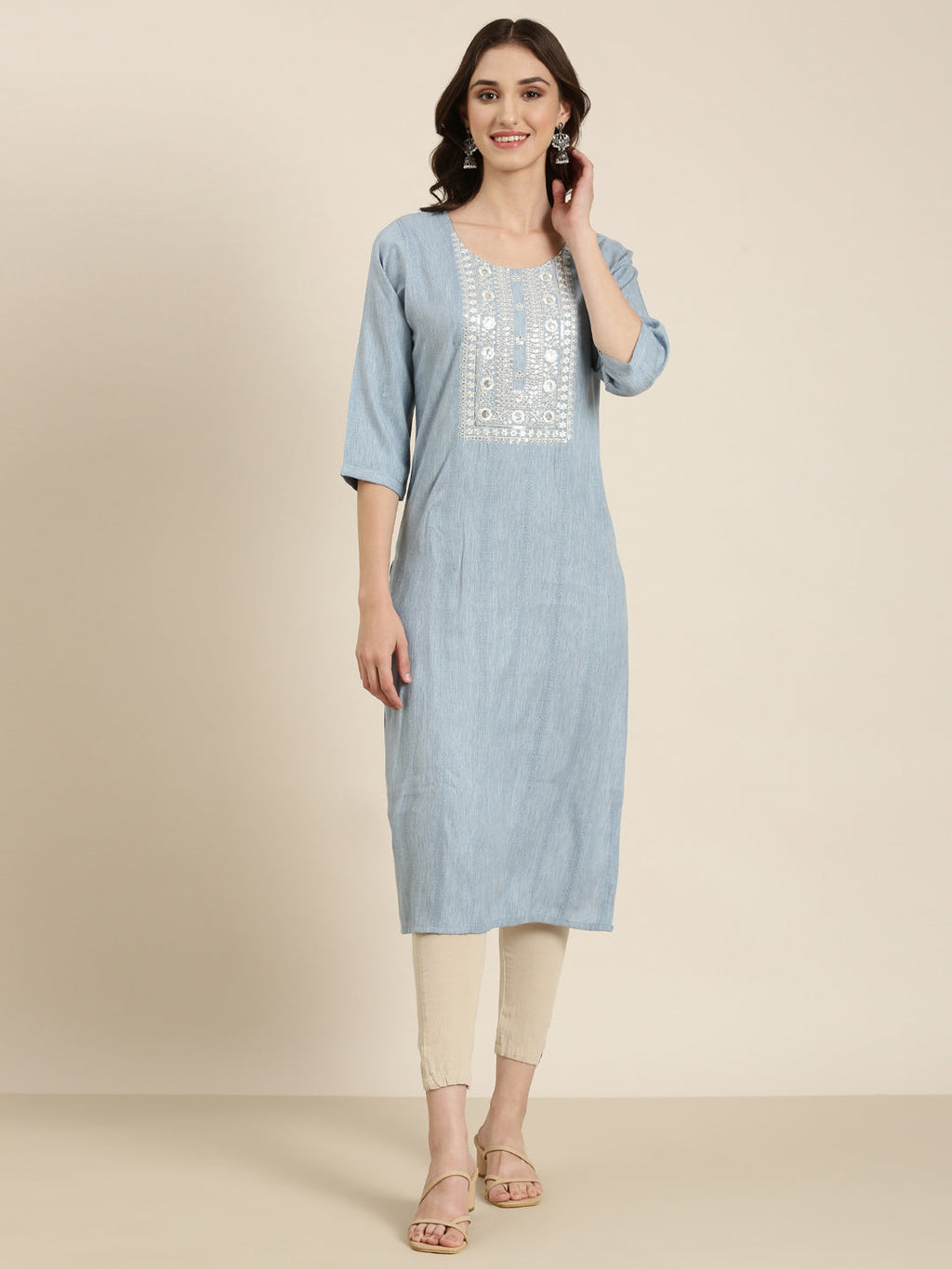 Women's Blue Yoke Design Thread Work Cotton Straight Kurta