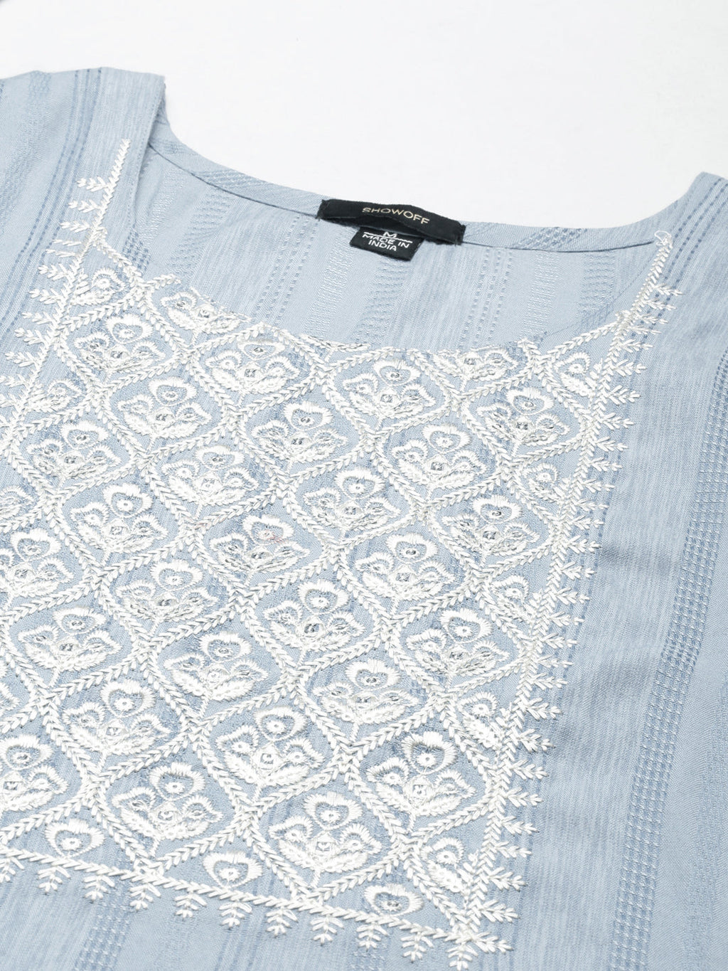 Women's Blue Yoke Design Thread Work Cotton Straight Kurta